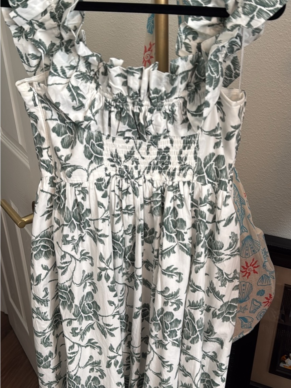 Abercrombie & Fitch White Dress with Green Floral Print and Ruffle Straps
